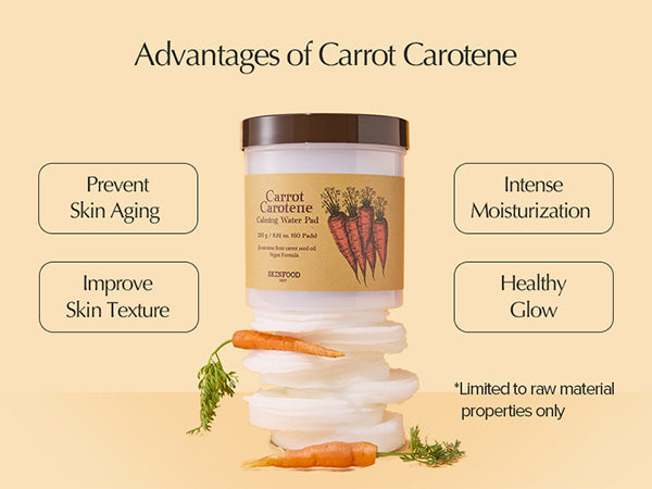 Skinfood Carrot Carotene Calming Water Pad 90 stk – praktisk beholder med bløde toner-pads, der tilfører fugt og virker kølende, samtidig med at styrke hudens barriere med nærende gulerodsekstrakt.