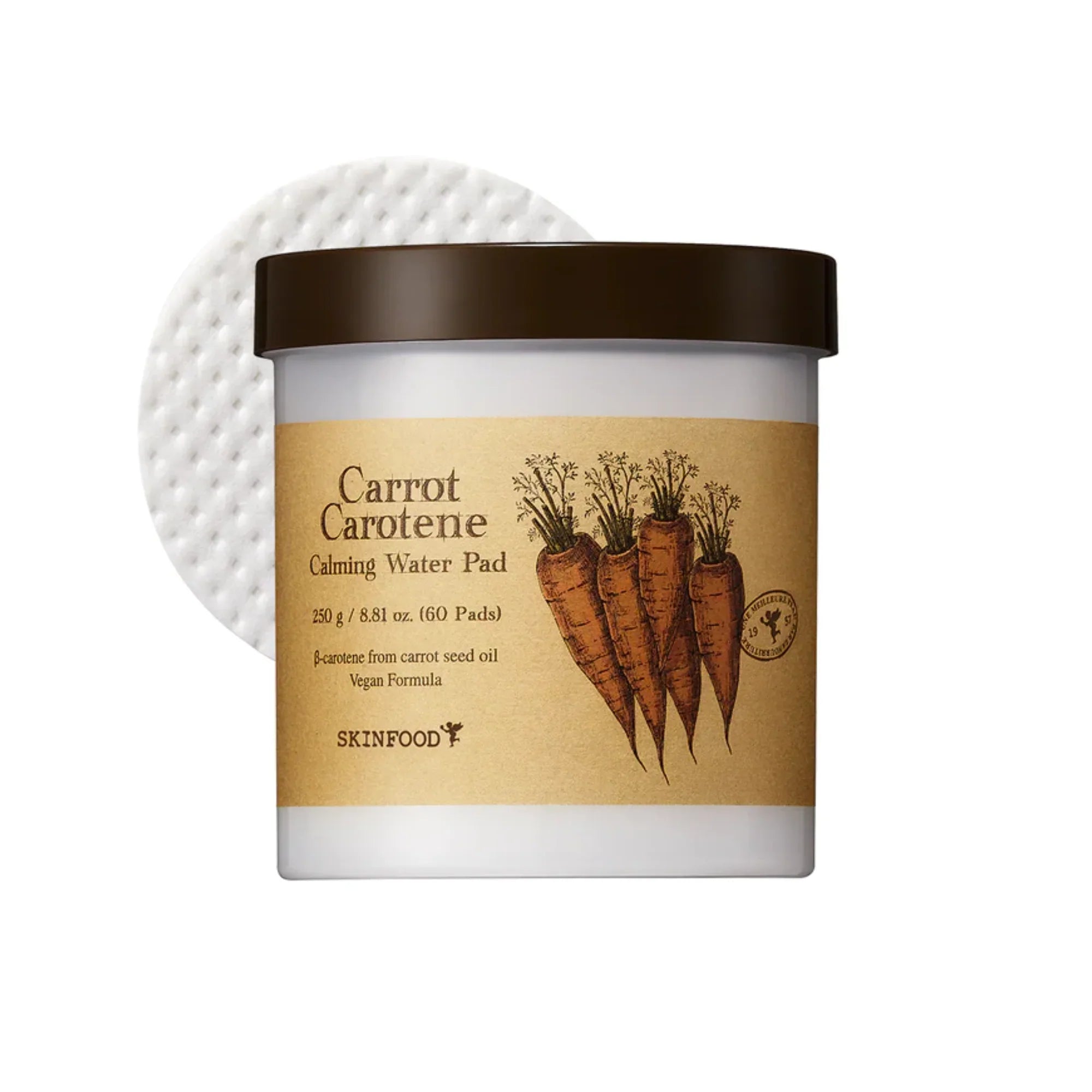 Skinfood Carrot Carotene Calming Water Pad 90 stk – krukke med veganske ansigtspads, beriget med gulerodsfrøolie og beta-caroten, der beroliger, fugter og reducerer rødme i irriteret hud.