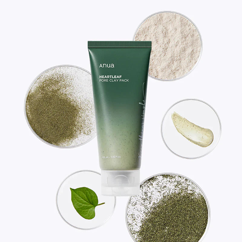 Anua Heartleaf Pore Clay Pack 100 ml – dybderensende lermaske i hvid tube, udviklet til at absorbere overskydende olie, reducere akne og efterlade huden ren og opfrisket.