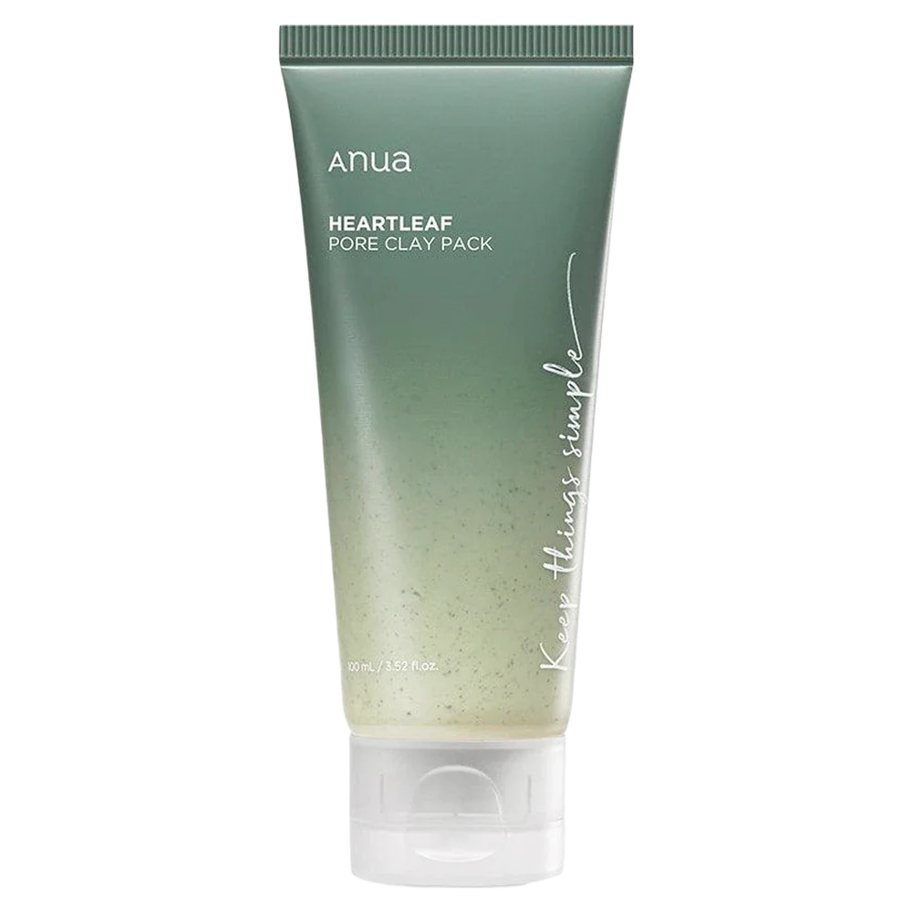Anua Heartleaf Pore Clay Pack 100 ml – stilren tube med mild lerbaseret ansigtsmaske, indeholdende bentonit, kaolin og hjertebladsekstrakt, der renser porer i dybden og beroliger rødme.