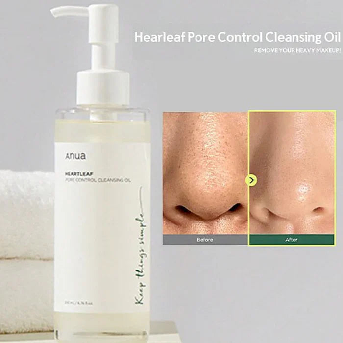 Anua Heartleaf Pore Control Cleansing Oil 200 ml – mild og fugtgivende renseolie i praktisk flaske, formuleret med jojoba- og olivenolie, der fjerner snavs og sorte hudorme samtidig med at berolige huden. En skøn oliebaseret rens