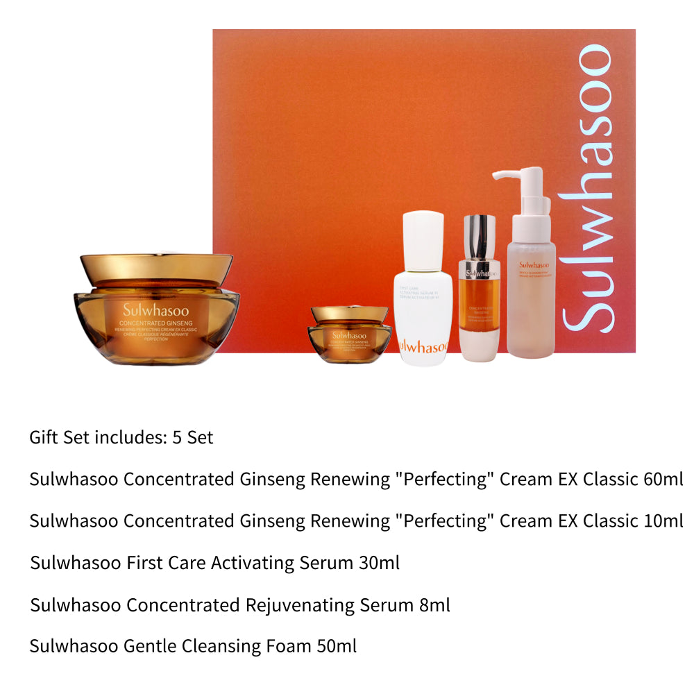 Sulwhasoo Concentrated Ginseng Renewing Perfecting Cream EX Classic Gaveæske – luksuriøst sæt med anti-aging creme, serum og rens, beriget med koreansk ginseng, der fugter, opstrammer og giver huden fornyet vitalitet.