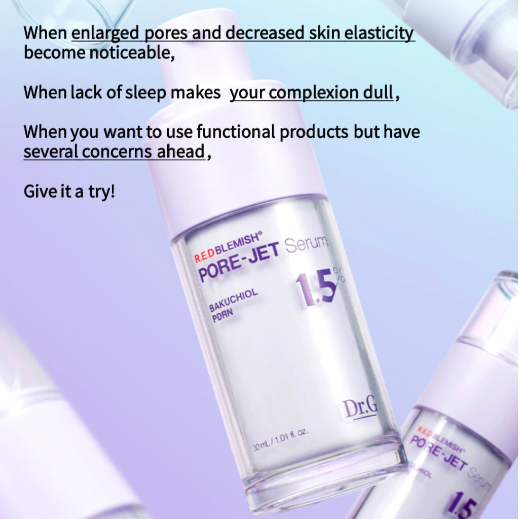 Dr.G R.E.D Blemish Bakuchiol Pore-Jet Serum 30 ml, et effektivt serum, der forbedrer hudens struktur og synlige porer med bakuchiol, et skånsomt alternativ til retinol.