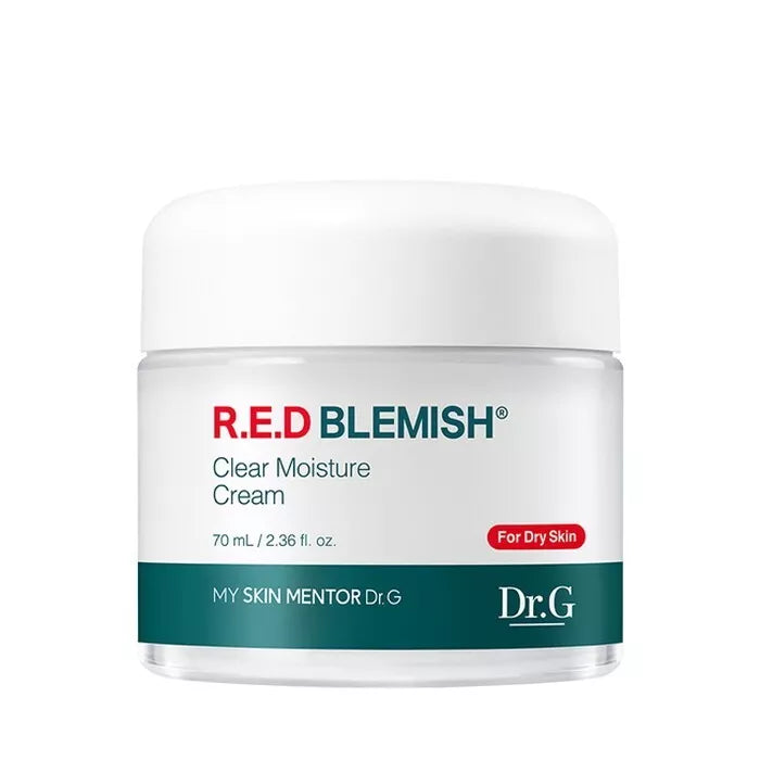 Dr.G R.E.D Blemish Clear Moisture Cream 70ml, en fugtgivende ansigtscreme, der beroliger og reducerer rødme, samtidig med at den hjælper med at bevare hudens naturlige fugtbalance.