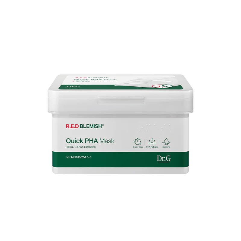 Dr.G R.E.D Blemish Quick PHA Mask, 30 ark, en mild eksfolierende ansigtsmaske, der reducerer rødme og fjerner døde hudceller uden at irritere huden.