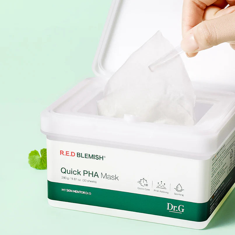 Dr.G R.E.D Blemish Quick PHA Mask, 30 sheets, en skånsom maske med PHA, der forbedrer hudens tekstur og fugtbalance, ideel til sensitiv hud.