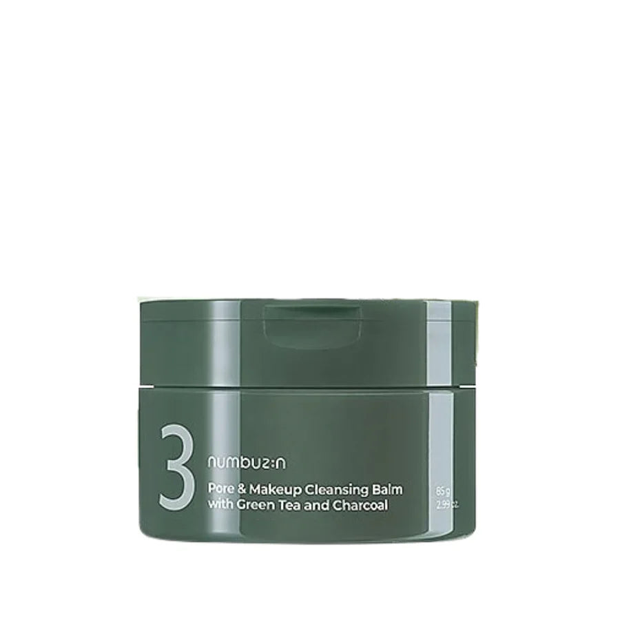 Numbuzin No. 3 Pore &amp; Makeup Cleansing Balm with Green Tea and Charcoal 85 g – Elegant krukke med dybderensende oliebaseret balm, der smelter makeup og fjerner overskydende olie, mens grøn te og aktivt kul renser og beroliger huden.