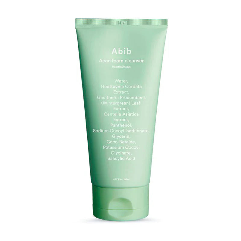 Abib Acne Foam Cleanser Heartleaf Foam 150 ml – Stilren tube med skånsom vandbaseret skumrens, beriget med Houttuynia Cordata og salicylsyre, der renser porerne, reducerer urenheder og beroliger sensitiv hud.