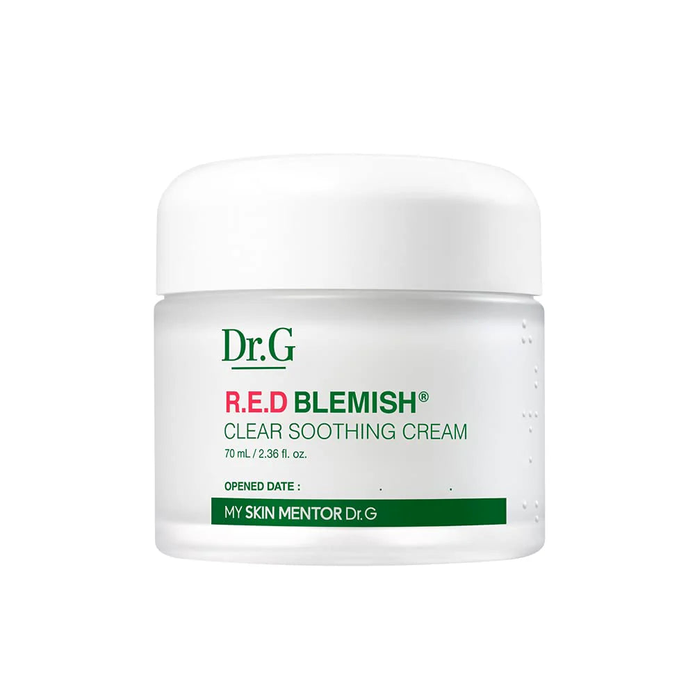 Dr.G R.E.D Blemish Clear Soothing Cream 70 ml, en beroligende creme, der lindrer rødme og irritation, samtidig med at den opretholder hudens naturlige fugtbalance.