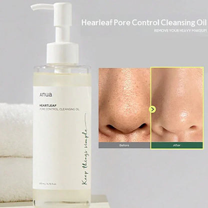 Anua Heartleaf Pore Control Cleansing Oil 200 ml – mild og fugtgivende renseolie i praktisk flaske, formuleret med jojoba- og olivenolie, der fjerner snavs og sorte hudorme samtidig med at berolige huden. En skøn oliebaseret rens