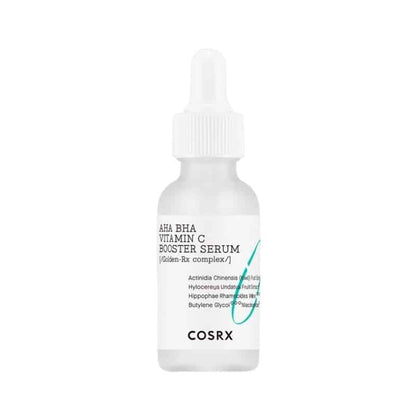 COSRX Refresh AHA BHA Vitamin C Booster Serum 30 ml – stilren glasflaske med eksfolierende serum, der kombinerer AHA, BHA og vitamin C, for at udjævne hudtonen, rense porerne og give en strålende glød.