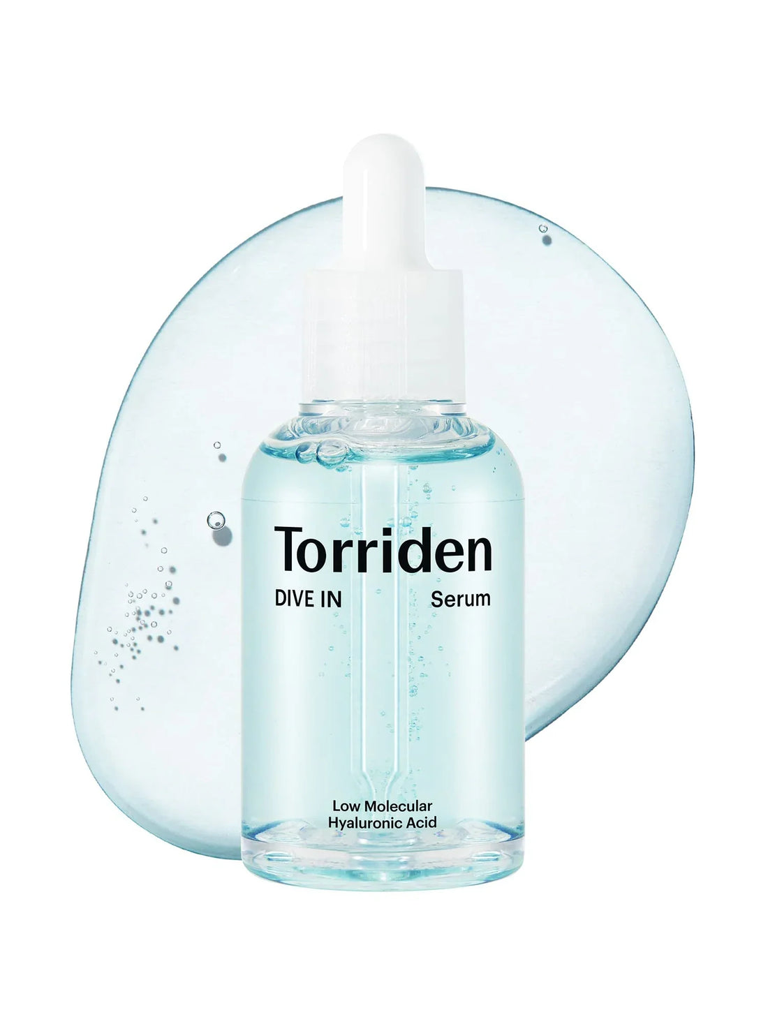 Torriden Dive-In Low Molecular Hyaluronic Acid Serum 50 ml – stilren blå glasflaske med let og fugtgivende serum, beriget med lavmolekylær hyaluronsyre, der trænger dybt ind og giver intens hydrering.
