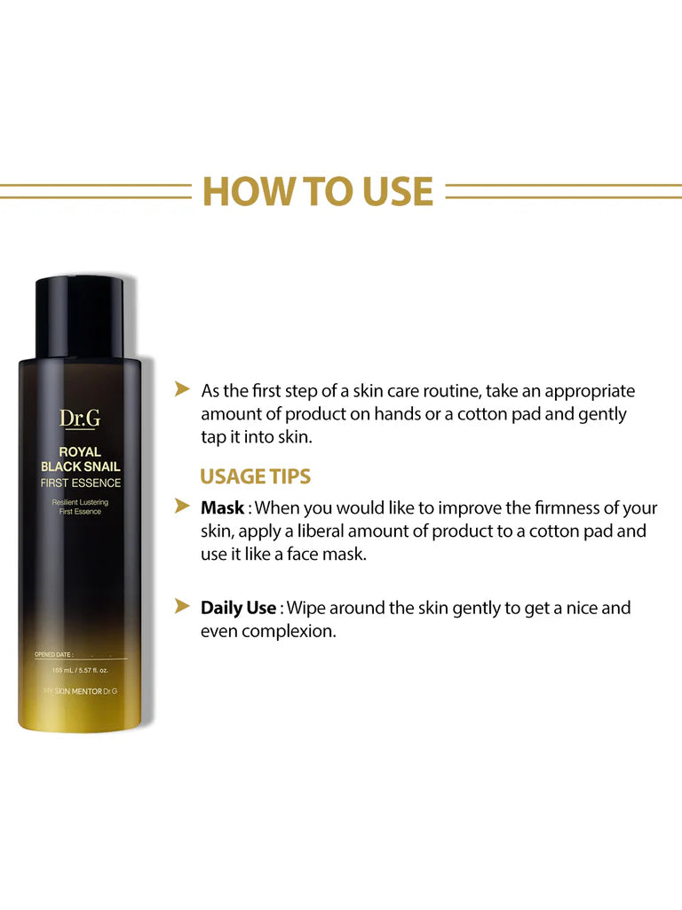 Dr.G Royal Black Snail First Essence 165 ml, en opstrammende essens, der fugter og lysner huden med tranexaminsyre og niacinamid for en jævn hudtone.