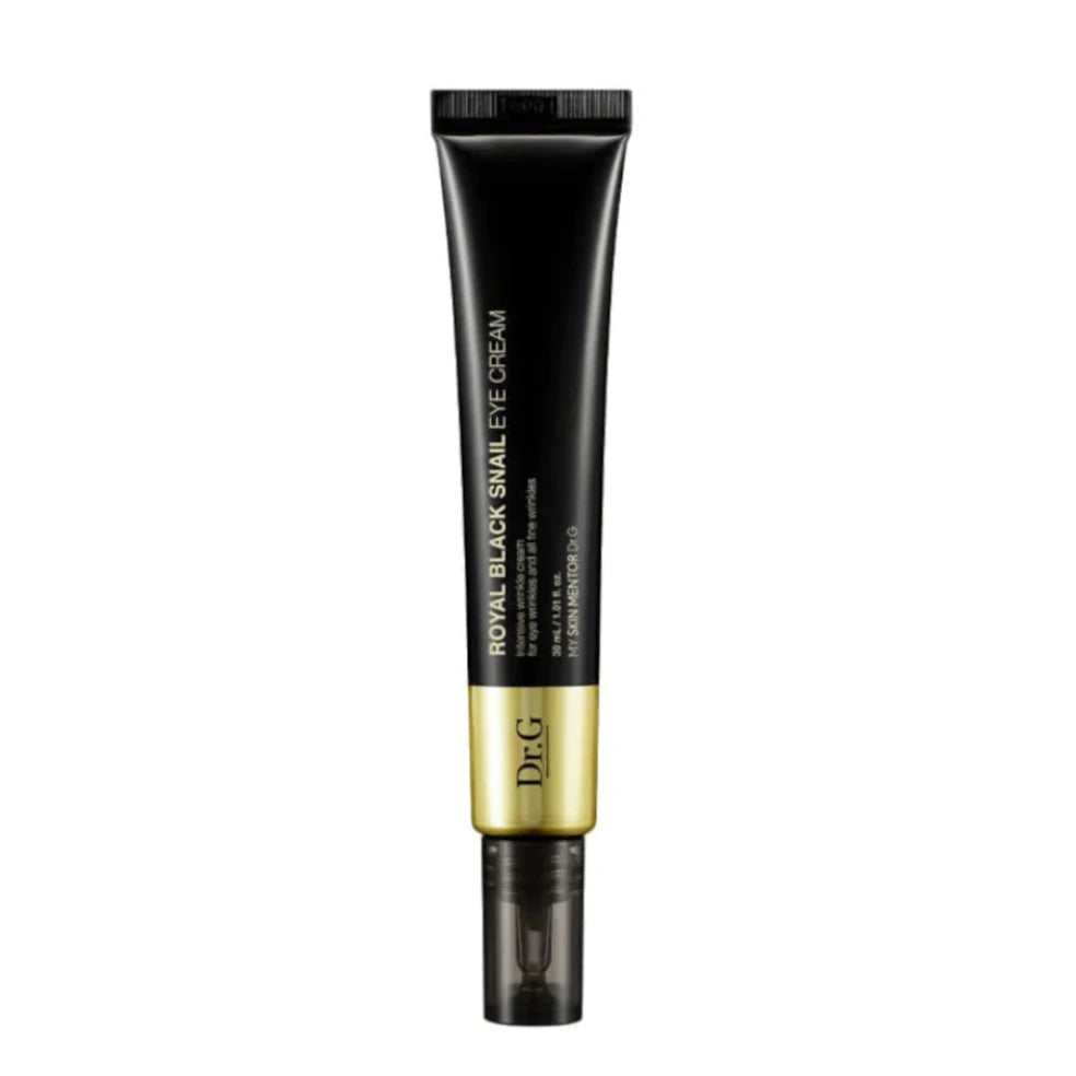 Dr.G Royal Black Snail Eye Cream 30 ml, en regenererende øjencreme, der bekæmper fine linjer, mørke rande og træthedstegn med sort snegleekstrakt for at forbedre hudens elasticitet og give intens fugt.