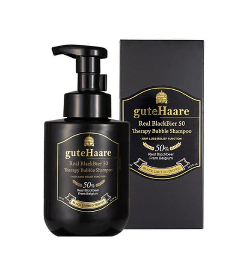 guteHaare Real Black Beer 50 Therapy Bubble Shampoo 500 ml, en nærende shampoo beriget med ølgær, der styrker håret, fremmer sund hårvækst og reducerer hårtab.