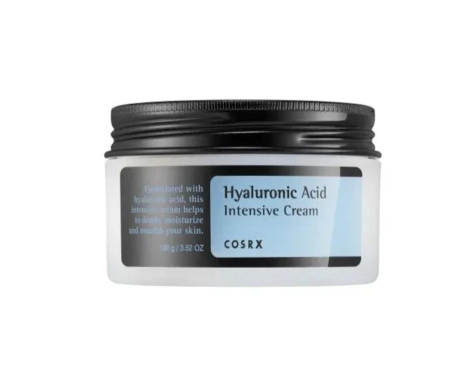 COSRX Hyaluronic Acid Intensive Cream 100 ml – stilren krukke med dybt fugtgivende ansigtscreme, beriget med hyaluronsyre og havtorn-ekstrakt, der tilfører intens fugt og styrker hudbarrieren.