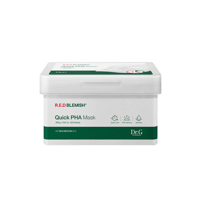 Dr.G R.E.D Blemish Quick PHA Mask, 30 ark, en mild eksfolierende ansigtsmaske, der reducerer rødme og fjerner døde hudceller uden at irritere huden.