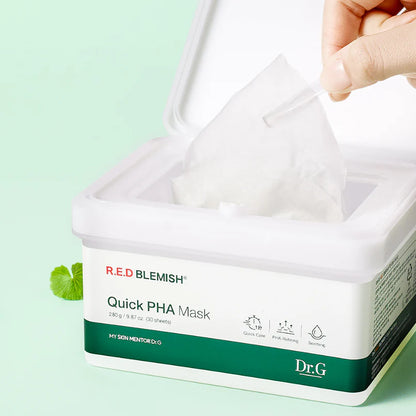 Dr.G R.E.D Blemish Quick PHA Mask, 30 sheets, en skånsom maske med PHA, der forbedrer hudens tekstur og fugtbalance, ideel til sensitiv hud.