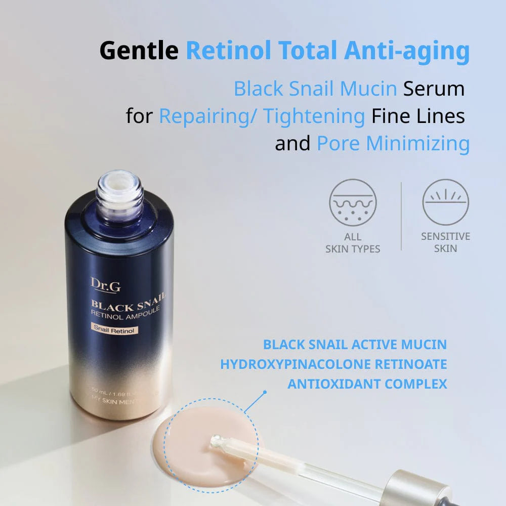 Dr.G Black Snail Retinol Ampoule 50 ml, en intensiv behandling, der styrker hudens barriere og fremmer en ungdommelig glød ved at reducere rynker og forbedre elasticiteten.