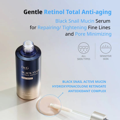 Dr.G Black Snail Retinol Ampoule 50 ml, en intensiv behandling, der styrker hudens barriere og fremmer en ungdommelig glød ved at reducere rynker og forbedre elasticiteten.