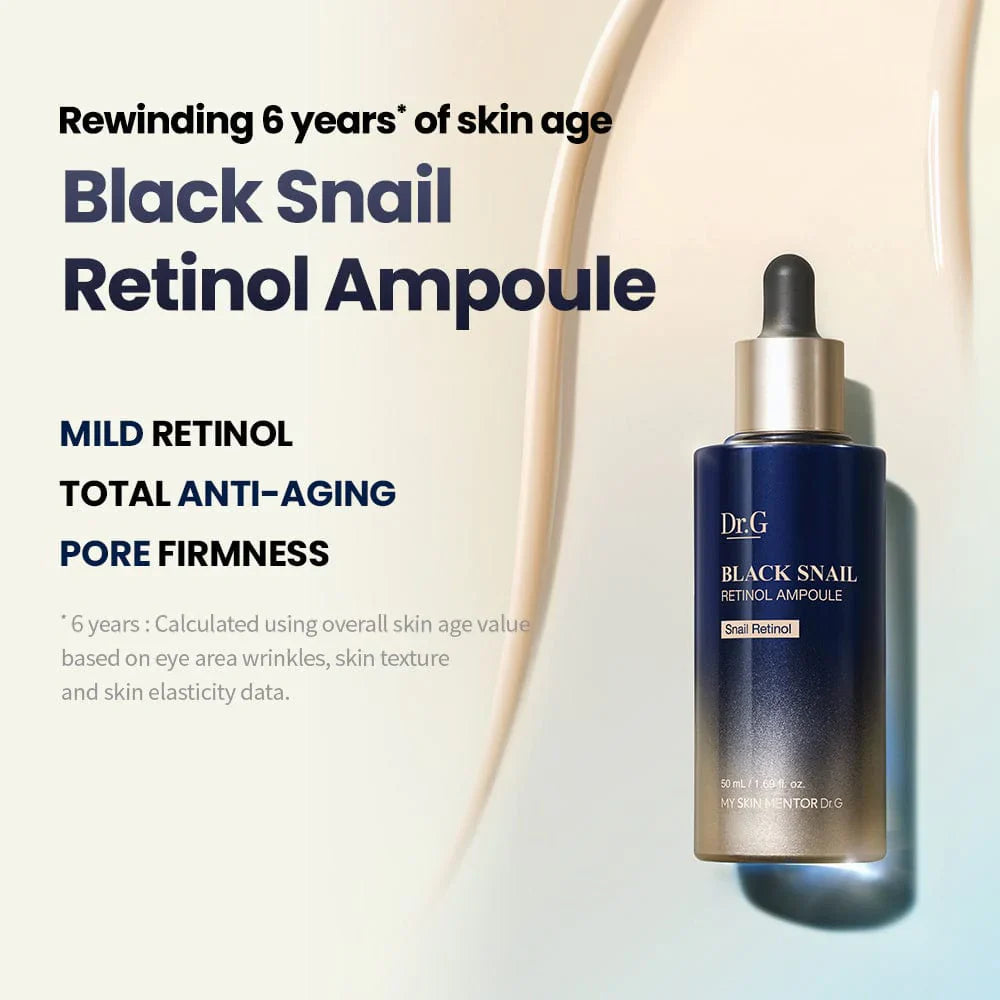 Dr.G Black Snail Retinol Ampoule 50 ml, en effektiv hudplejeampul, der kombinerer retinol og sort snegleekstrakt til at udjævne hudtonen og reducere aldringstegn.