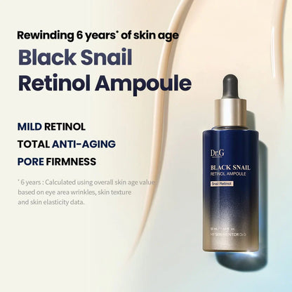 Dr.G Black Snail Retinol Ampoule 50 ml, en effektiv hudplejeampul, der kombinerer retinol og sort snegleekstrakt til at udjævne hudtonen og reducere aldringstegn.