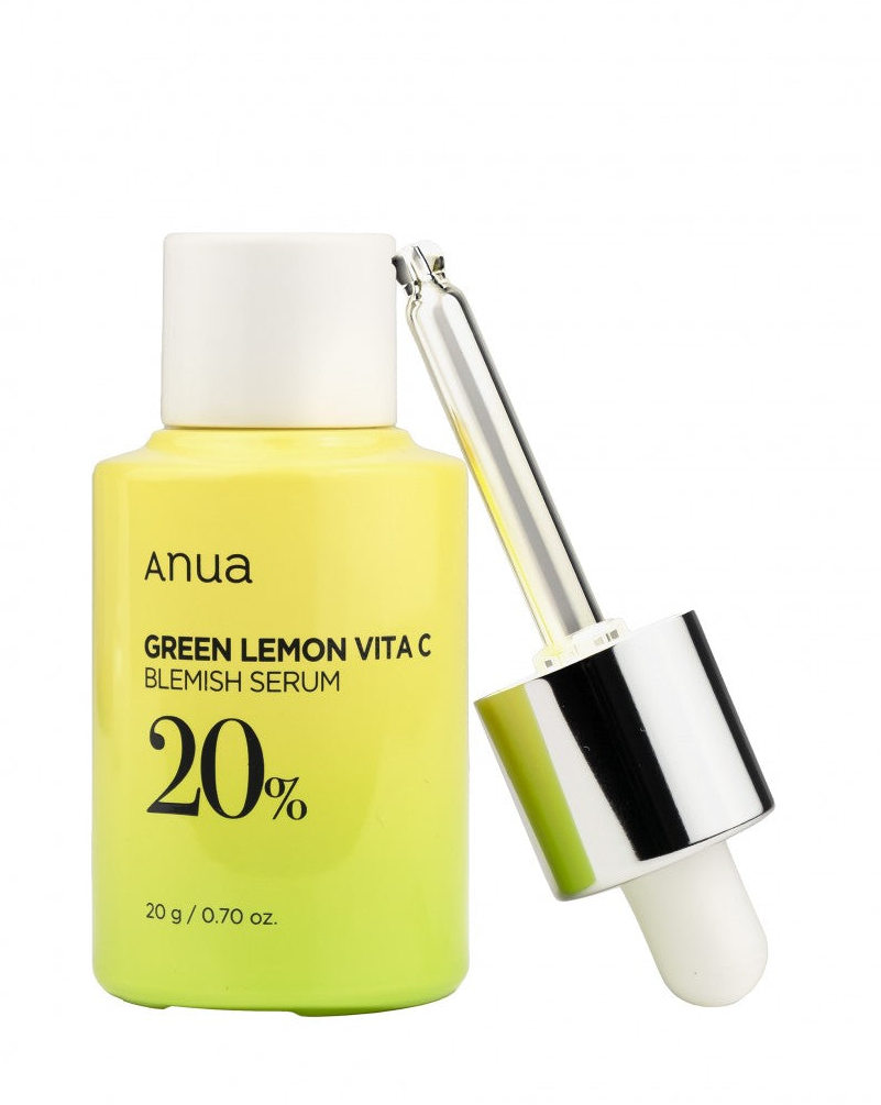 Anua Green Lemon Vita C Blemish Serum 20 ml – stilren flaske med opfriskende serum, beriget med 56% grøn citronekstrakt og 20% ren vitamin C, der lysner mørke pletter og giver en jævn hudtone.