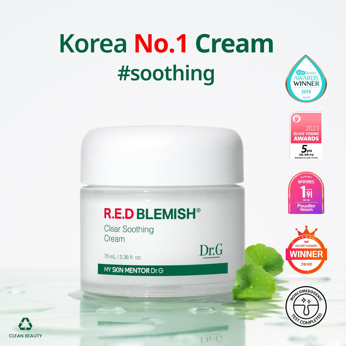 Dr.G R.E.D Blemish Clear Soothing Cream 70 ml, en let og hurtigt absorberende creme, ideel til sensitiv hud, der bekæmper inflammation og forbedrer hudens tilstand.