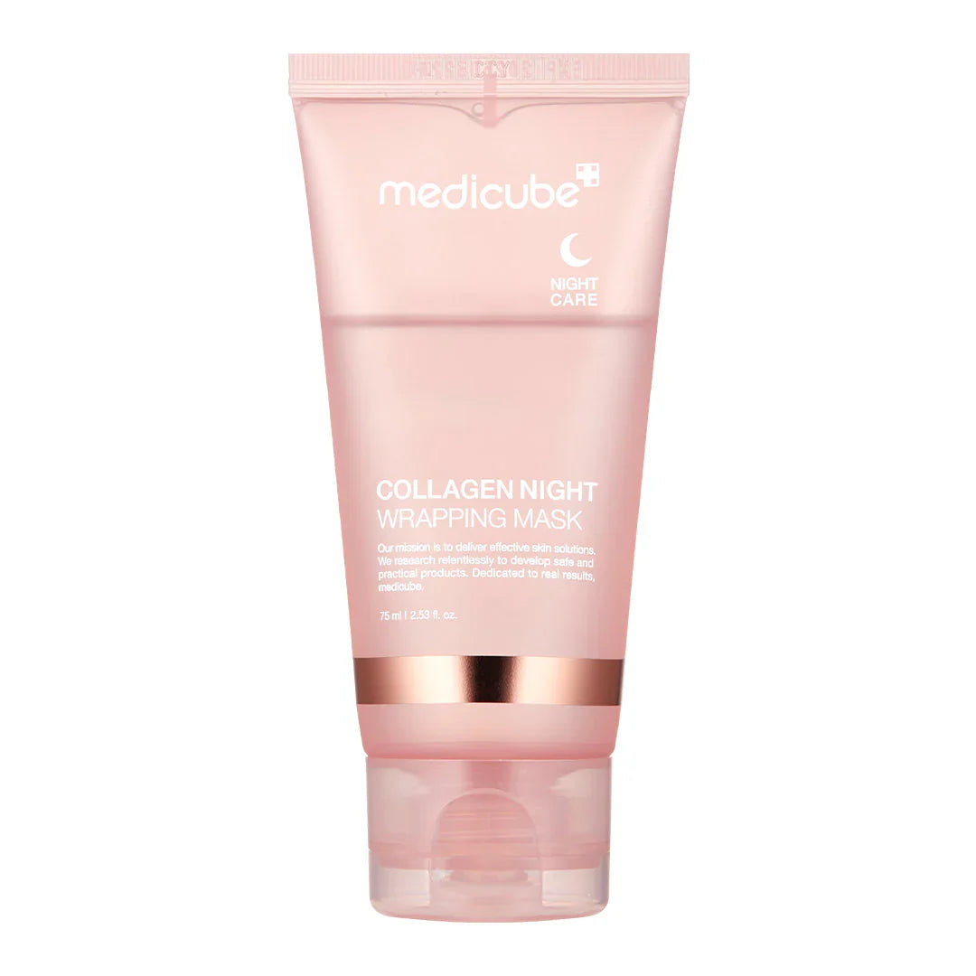 MEDICUBE Collagen Night Wrapping Mask 75 ml – stilren krukke med nærende natmaske, beriget med kollagen, der forbedrer hudens elasticitet og giver en strålende glød næste morgen.